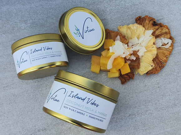 ISLAND VIBES - COCONUT MILK AND MANGO - Shop Soy Candles, Wax Melts Clean Scents and Tin candles online - VirtueCandles