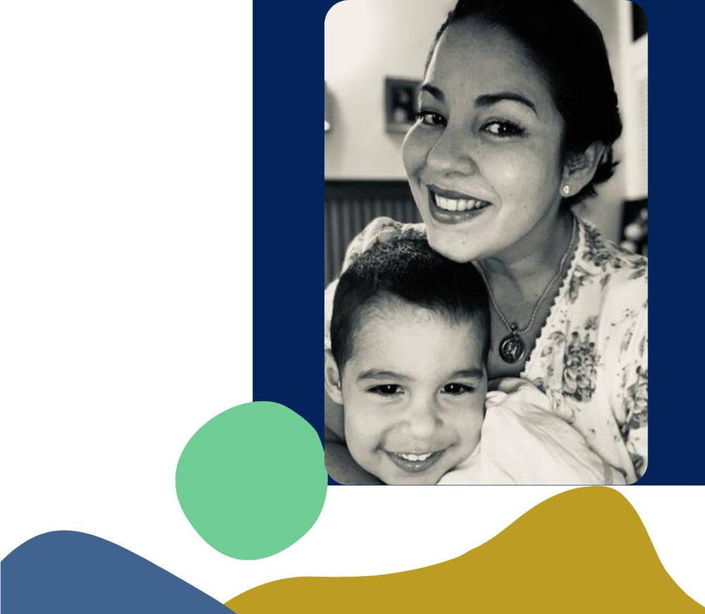 Black and white photo of a woman holding a child with colorful shapes and text on a white background